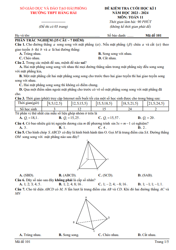 Đề cuối học kì 1 Toán 11 năm 2023 – 2024 trường THPT Hàng Hải – Hải Phòng