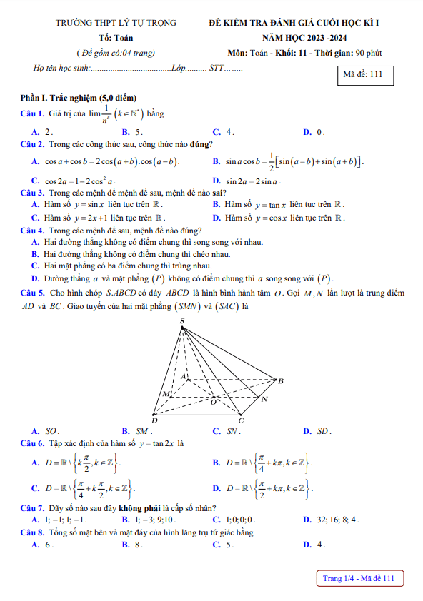 Đề cuối học kì 1 Toán 11 năm 2023 – 2024 trường THPT Lý Tự Trọng – Khánh Hòa