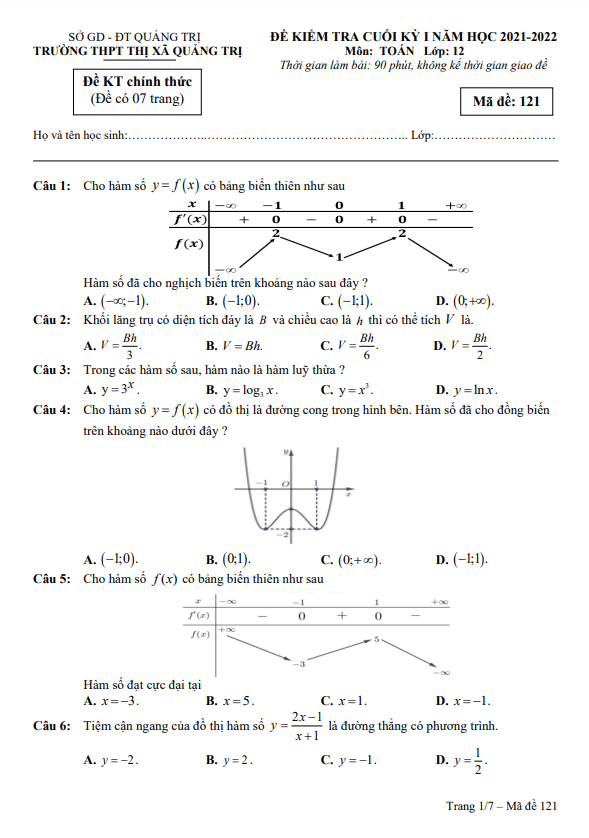 Đề cuối học kì 1 Toán 12 năm 2021 – 2022 trường THPT Thị xã Quảng Trị