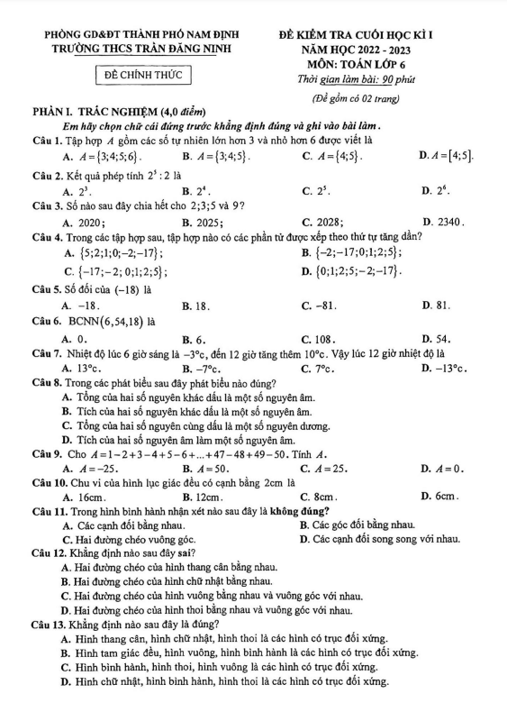 Đề cuối học kì 1 Toán 6 năm 2022 – 2023 trường THCS Trần Đăng Ninh – Nam Định