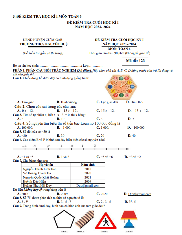 Đề cuối học kì 1 Toán 6 năm 2023 – 2024 trường THCS Nguyễn Huệ – Đắk Lắk