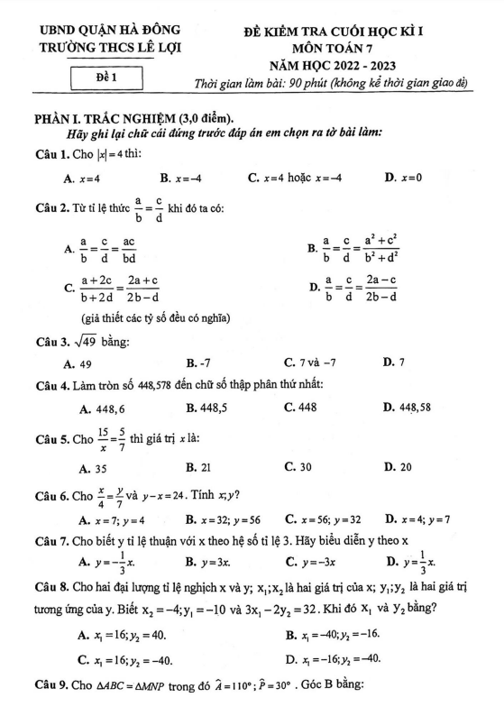 Đề cuối học kì 1 Toán 7 năm 2022 – 2023 trường THCS Lê Lợi – Hà Nội