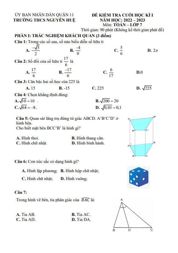 Đề cuối học kì 1 Toán 7 năm 2022 – 2023 trường THCS Nguyễn Huệ – TP HCM