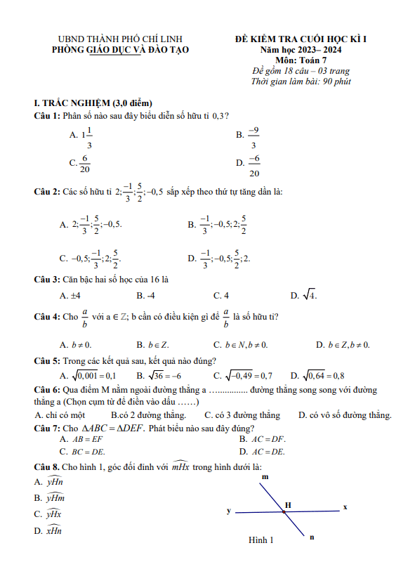 Đề cuối học kì 1 Toán 7 năm 2023 – 2024 phòng GD&ĐT Chí Linh – Hải Dương