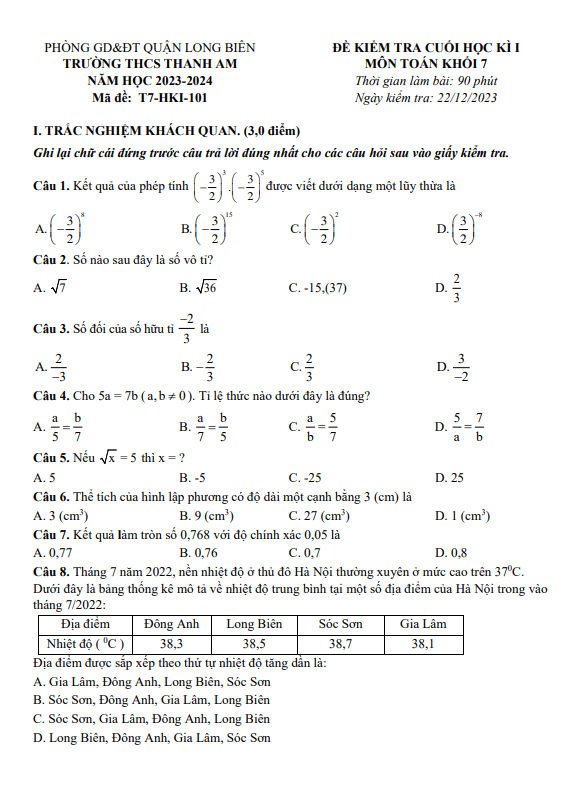 Đề cuối học kì 1 Toán 7 năm 2023 – 2024 trường THCS Thanh Am – Hà Nội
