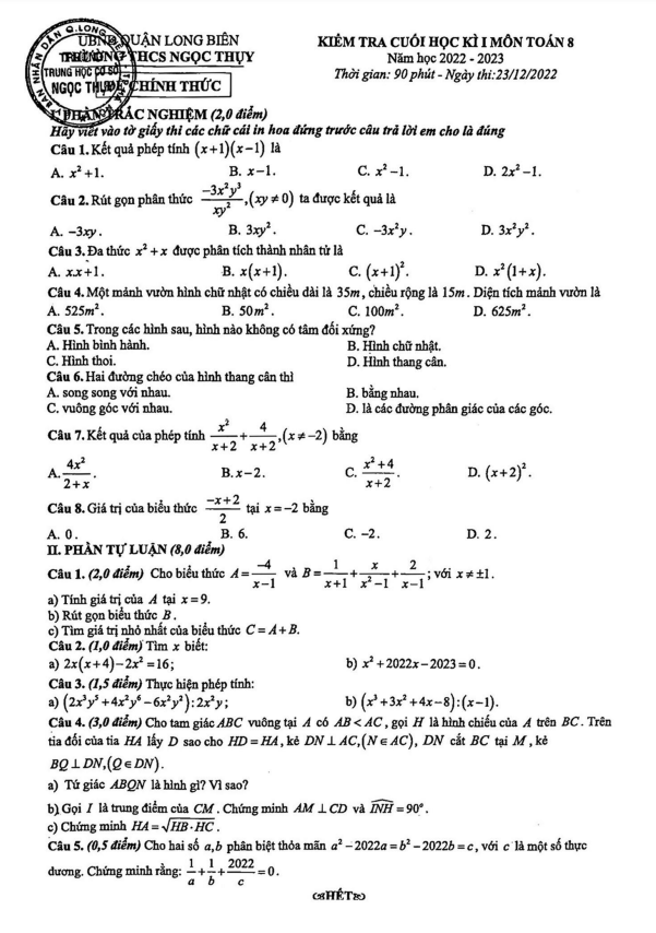 Đề cuối học kì 1 Toán 8 năm 2022 – 2023 trường THCS Ngọc Thụy – Hà Nội