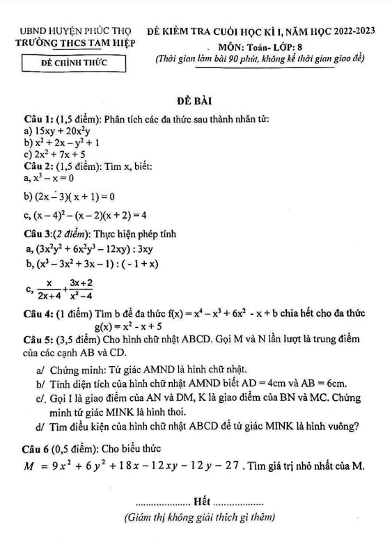 Đề cuối học kì 1 Toán 8 năm 2022 – 2023 trường THCS Tam Hiệp – Hà Nội