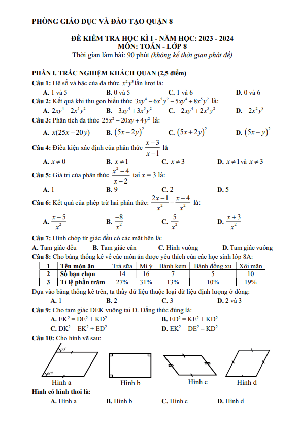 Đề cuối học kì 1 Toán 8 năm 2023 – 2024 phòng GD&ĐT quận 8 – TP HCM