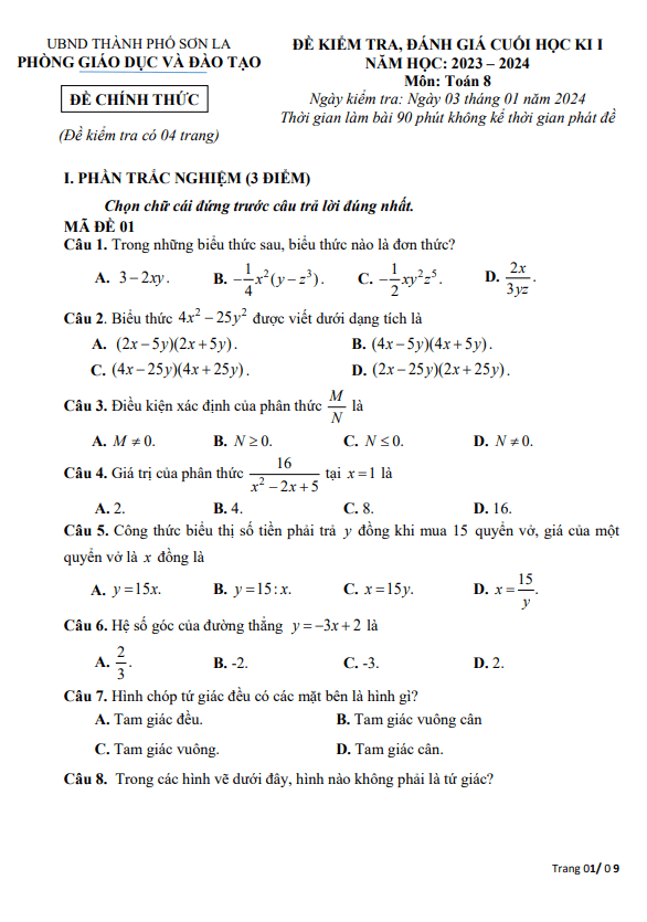 Đề cuối học kì 1 Toán 8 năm 2023 – 2024 phòng GD&ĐT thành phố Sơn La