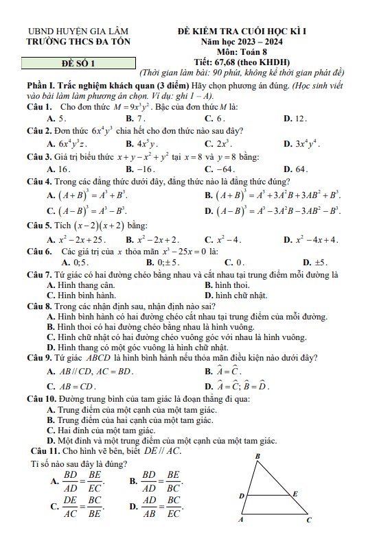 Đề cuối học kì 1 Toán 8 năm 2023 – 2024 trường THCS Đa Tốn – Hà Nội