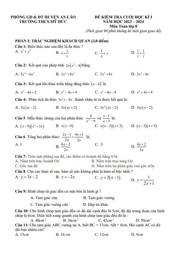 Đề cuối học kì 1 Toán 8 năm 2023 – 2024 trường THCS Mỹ Đức – Hải Phòng