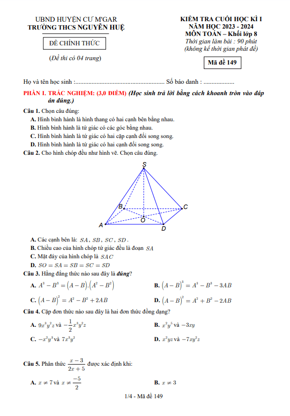 Đề cuối học kì 1 Toán 8 năm 2023 – 2024 trường THCS Nguyễn Huệ – Đắk Lắk