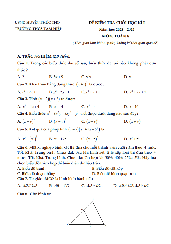 Đề cuối học kì 1 Toán 8 năm 2023 – 2024 trường THCS Tam Hiệp – Hà Nội