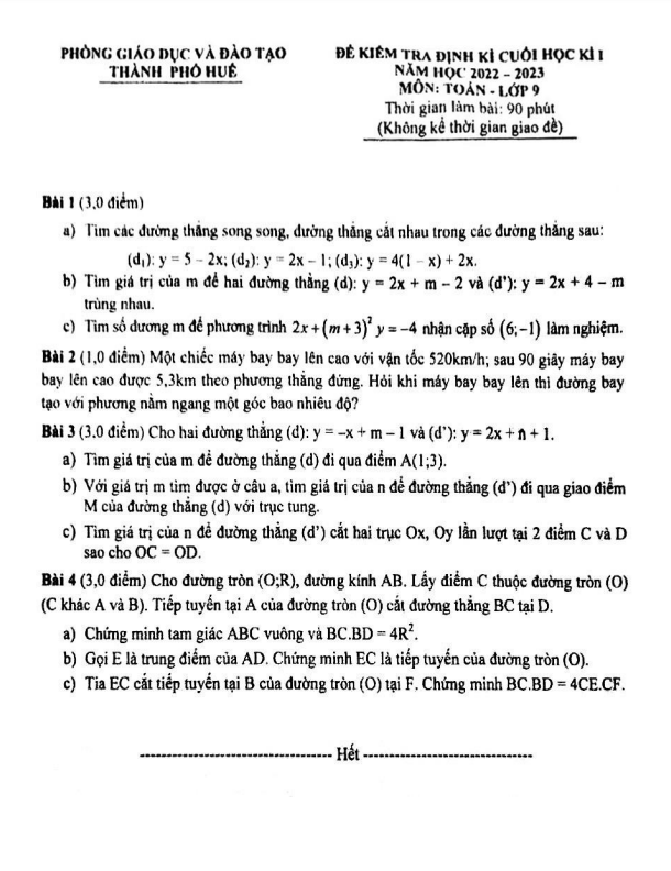 Đề cuối học kì 1 Toán 9 năm 2022 – 2023 phòng GD&ĐT thành phố Huế