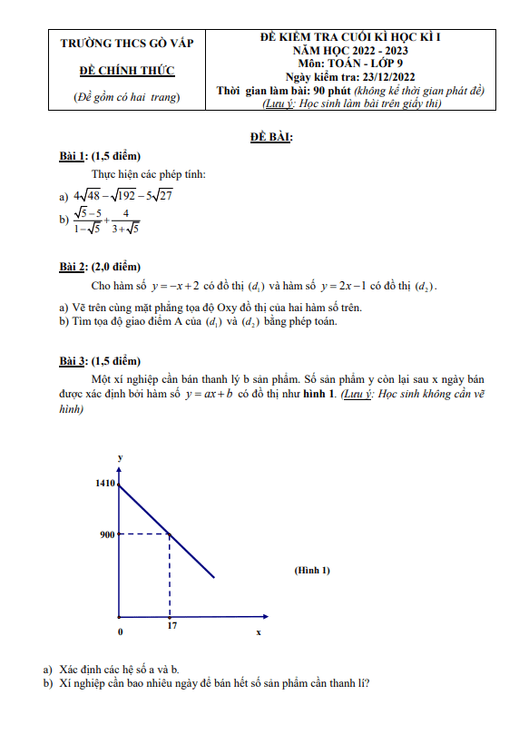 Đề cuối học kì 1 Toán 9 năm 2022 – 2023 trường THCS Gò Vấp – TP HCM