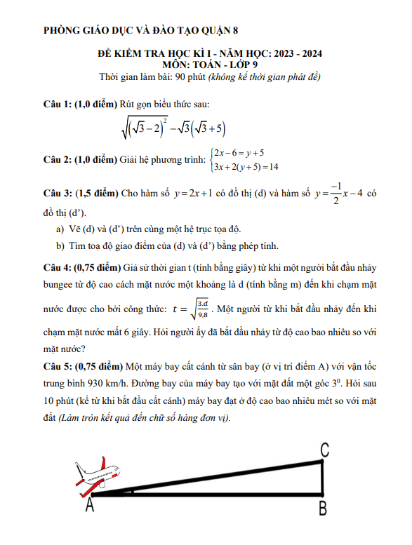 Đề cuối học kì 1 Toán 9 năm 2023 – 2024 phòng GD&ĐT quận 8 – TP HCM