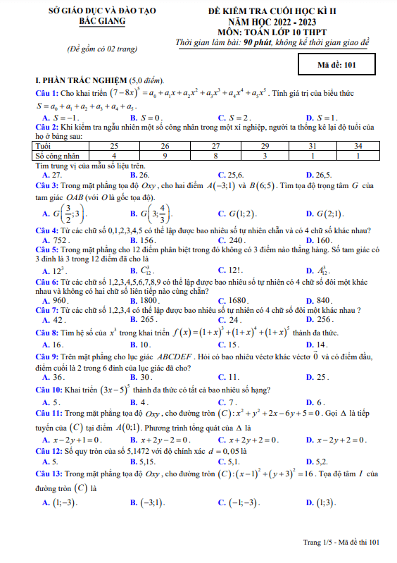 Đề cuối học kì 2 Toán 10 năm 2022 – 2023 sở GD&ĐT Bắc Giang