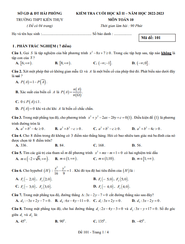 Đề cuối học kì 2 Toán 10 năm 2022 – 2023 trường THPT Kiến Thụy – Hải Phòng