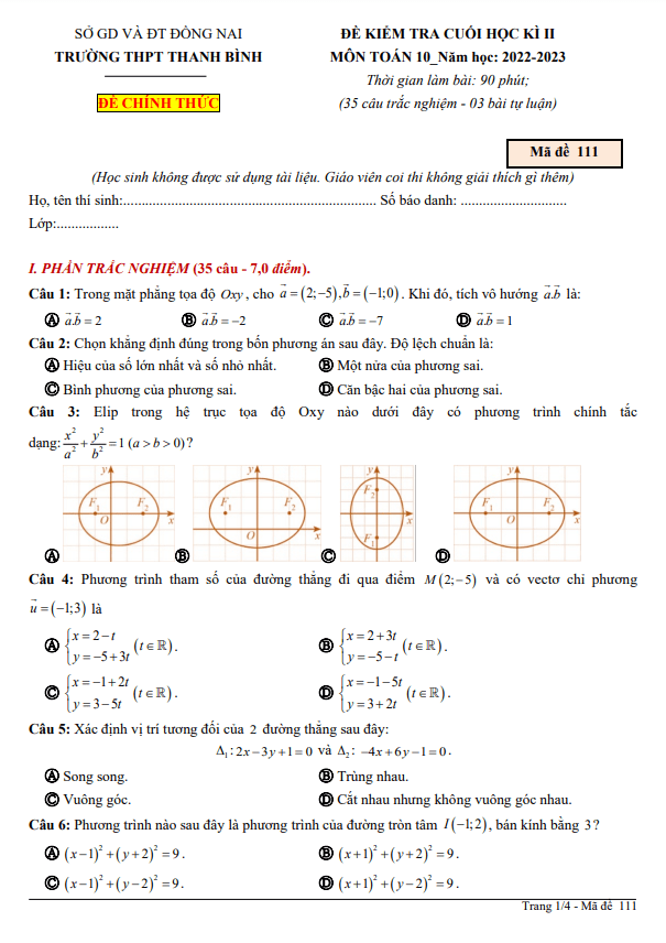 Đề cuối học kì 2 Toán 10 năm 2022 – 2023 trường THPT Thanh Bình – Đồng Nai