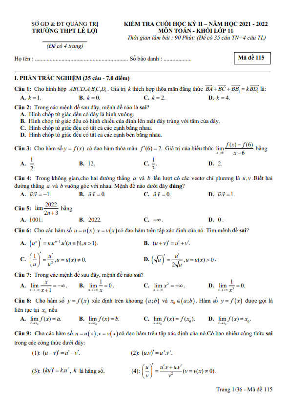 Đề cuối học kì 2 Toán 11 năm 2021 – 2022 trường THPT Lê Lợi – Quảng Trị