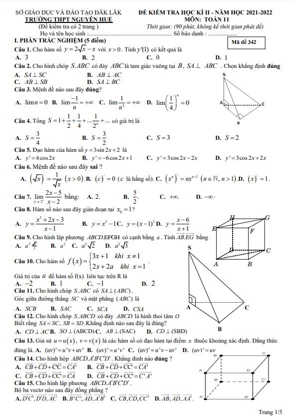 Đề cuối học kì 2 Toán 11 năm 2021 – 2022 trường THPT Nguyễn Huệ – Đắk Lắk