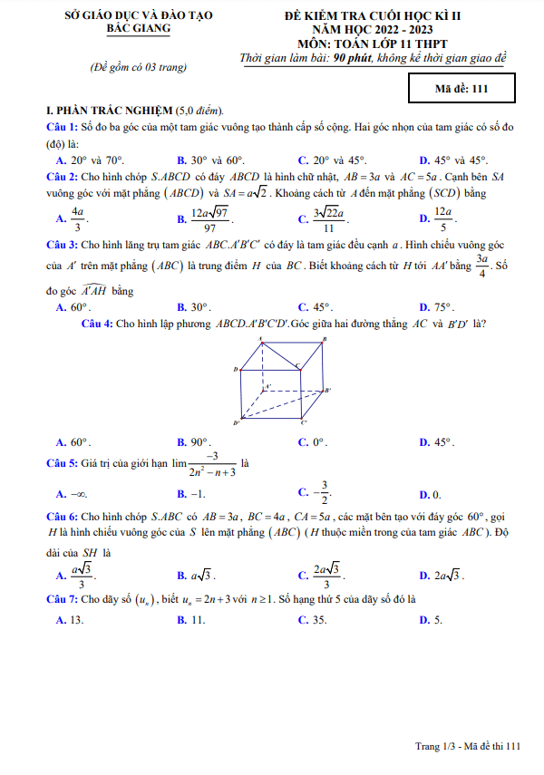 Đề cuối học kì 2 Toán 11 năm 2022 – 2023 sở GD&ĐT Bắc Giang