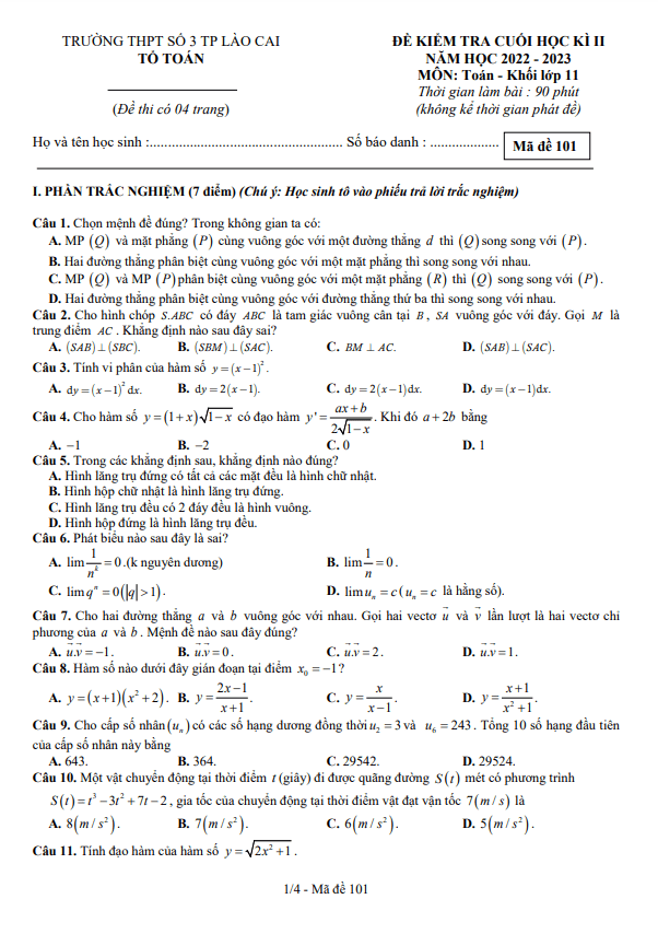 Đề cuối học kì 2 Toán 11 năm 2022 – 2023 trường THPT số 3 TP Lào Cai