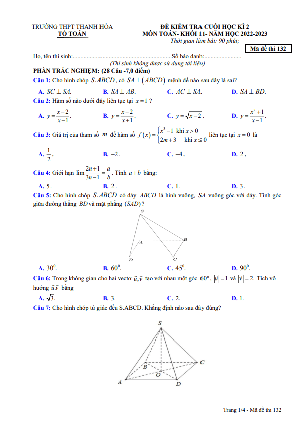 Đề cuối học kì 2 Toán 11 năm 2022 – 2023 trường THPT Thanh Hòa – Bình Phước