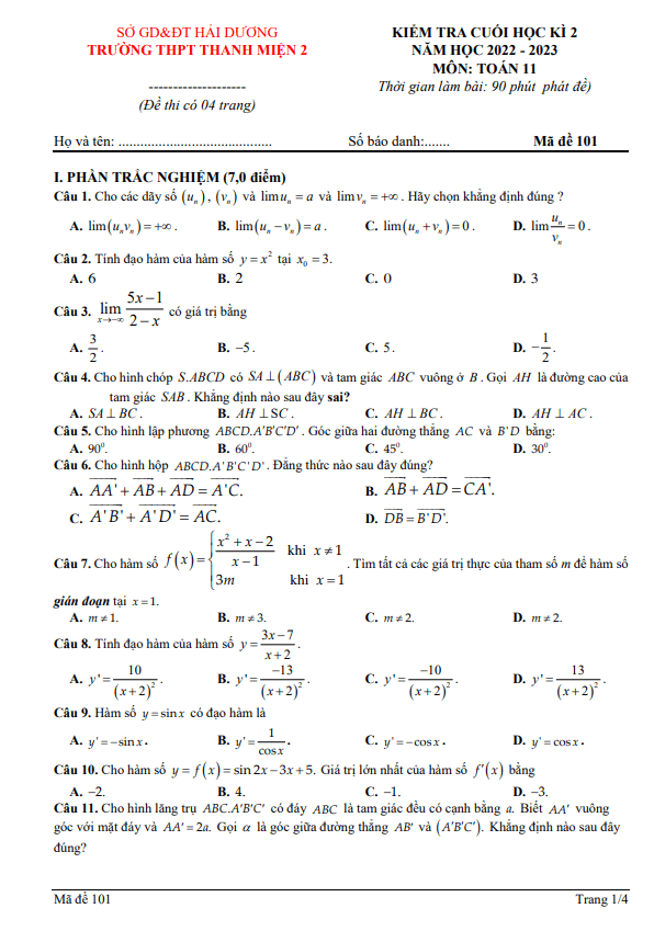 Đề cuối học kì 2 Toán 11 năm 2022 – 2023 trường THPT Thanh Miện 2 – Hải Dương