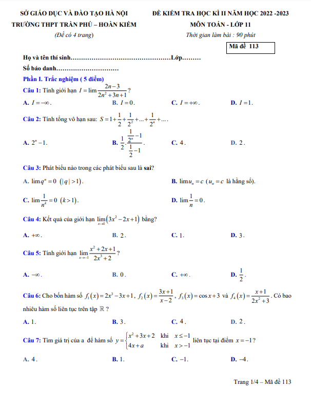 Đề cuối học kì 2 Toán 11 năm 2022 – 2023 trường THPT Trần Phú – Hà Nội