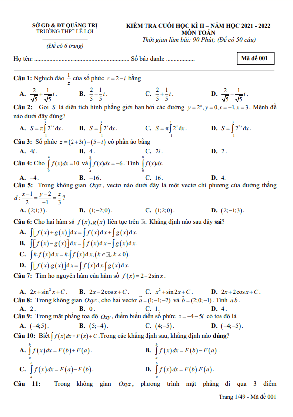 Đề cuối học kì 2 Toán 12 năm 2021 – 2022 trường THPT Lê Lợi – Quảng Trị