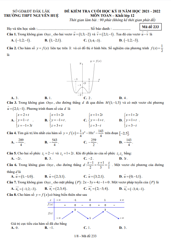 Đề cuối học kì 2 Toán 12 năm 2021 – 2022 trường THPT Nguyễn Huệ – Đắk Lắk