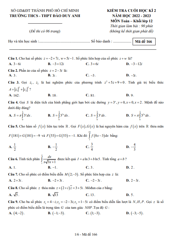 Đề cuối học kì 2 Toán 12 năm 2022 – 2023 trường Đào Duy Anh – TP HCM