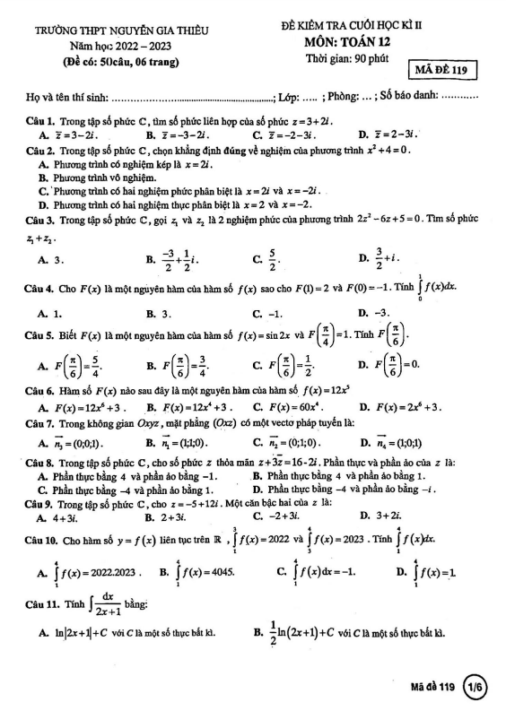 Đề cuối học kì 2 Toán 12 năm 2022 – 2023 trường THPT Nguyễn Gia Thiều – Hà Nội