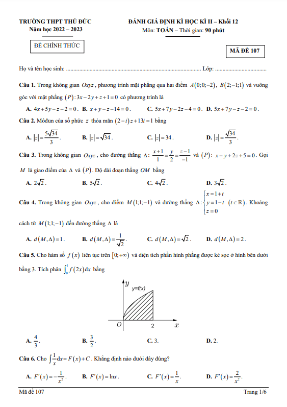Đề cuối học kì 2 Toán 12 năm 2022 – 2023 trường THPT Thủ Đức – TP HCM