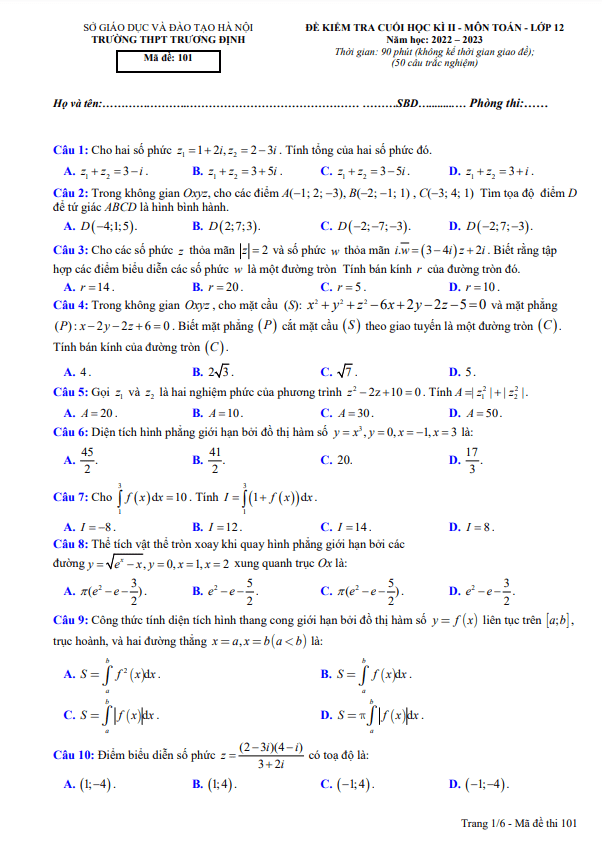 Đề cuối học kì 2 Toán 12 năm 2022 – 2023 trường THPT Trương Định – Hà Nội