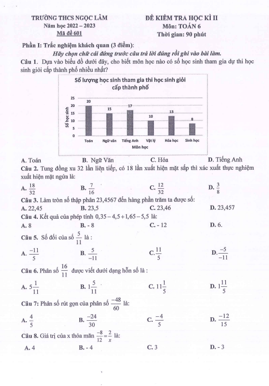 Đề cuối học kì 2 Toán 6 năm 2022 – 2023 trường THCS Ngọc Lâm – Hà Nội
