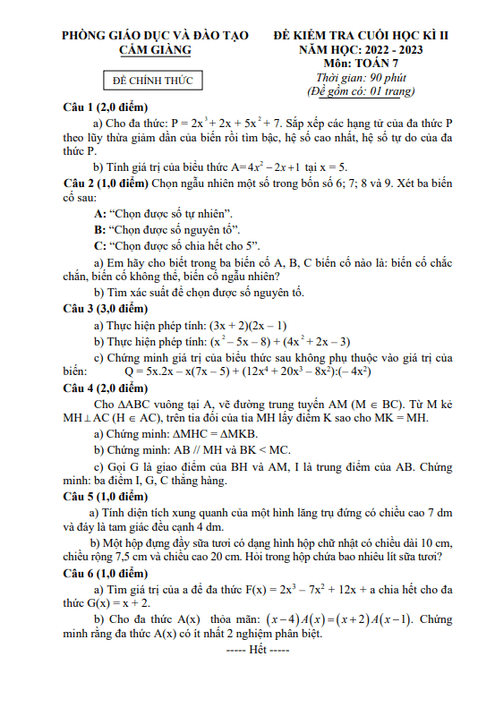 Đề cuối học kì 2 Toán 7 năm 2022 – 2023 phòng GD&ĐT Cẩm Giàng – Hải Dương
