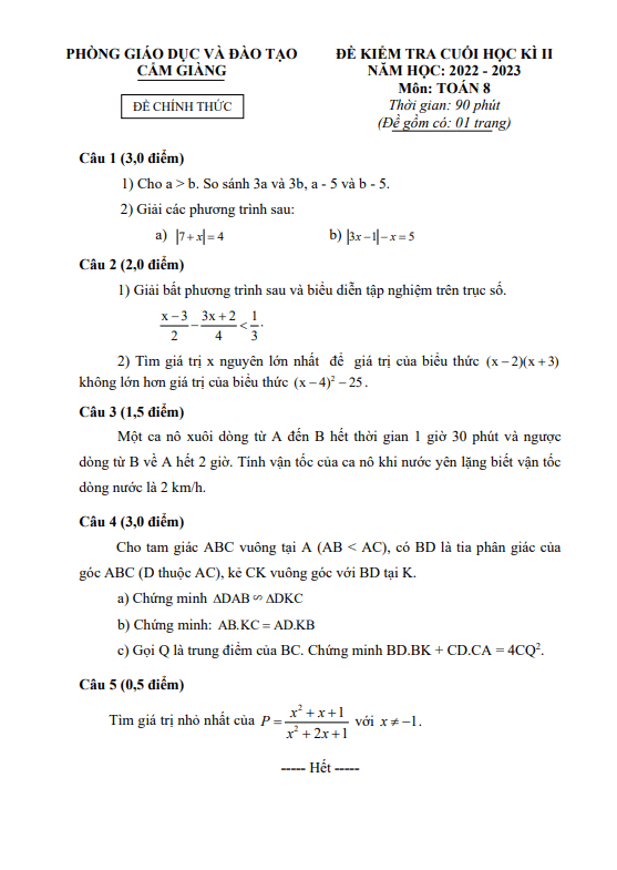 Đề cuối học kì 2 Toán 8 năm 2022 – 2023 phòng GD&ĐT Cẩm Giàng – Hải Dương