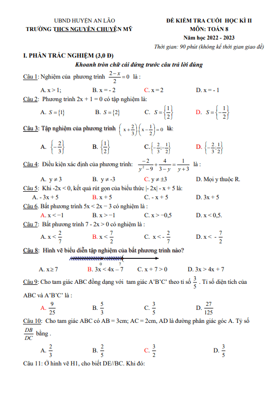 Đề cuối học kì 2 Toán 8 năm 2022 – 2023 trường THCS Nguyễn Chuyên Mỹ – Hải Phòng