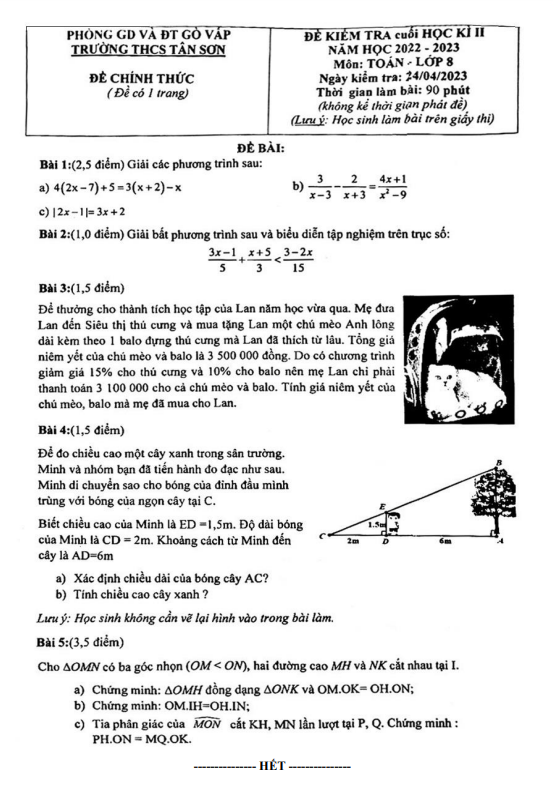 Đề cuối học kì 2 Toán 8 năm 2022 – 2023 trường THCS Tân Sơn – TP HCM