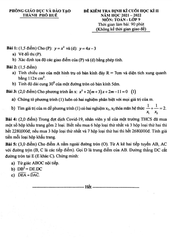Đề cuối học kì 2 Toán 9 năm 2021 – 2022 phòng GD&ĐT thành phố Huế