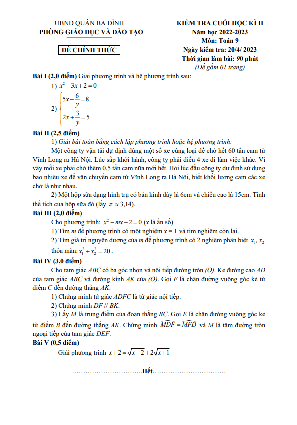 Đề cuối học kì 2 Toán 9 năm 2022 – 2023 phòng GD&ĐT Ba Đình – Hà Nội