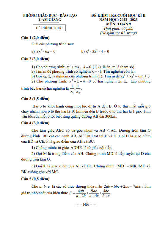 Đề cuối học kì 2 Toán 9 năm 2022 – 2023 phòng GD&ĐT Cẩm Giàng – Hải Dương
