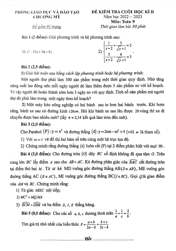 Đề cuối học kì 2 Toán 9 năm 2022 – 2023 phòng GD&ĐT Chương Mỹ – Hà Nội