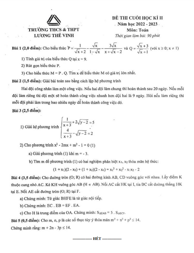 Đề cuối học kì 2 Toán 9 năm 2022 – 2023 trường Lương Thế Vinh – Hà Nội