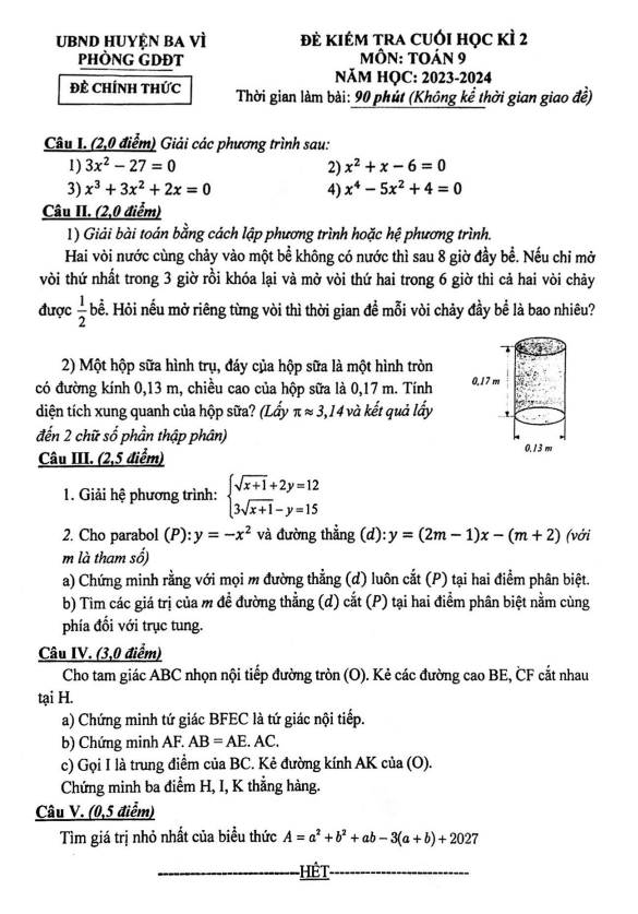 Đề cuối học kì 2 Toán 9 năm 2023 – 2024 phòng GD&ĐT Ba Vì – Hà Nội