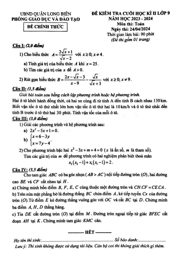 Đề cuối học kì 2 Toán 9 năm 2023 – 2024 phòng GD&ĐT Long Biên – Hà Nội