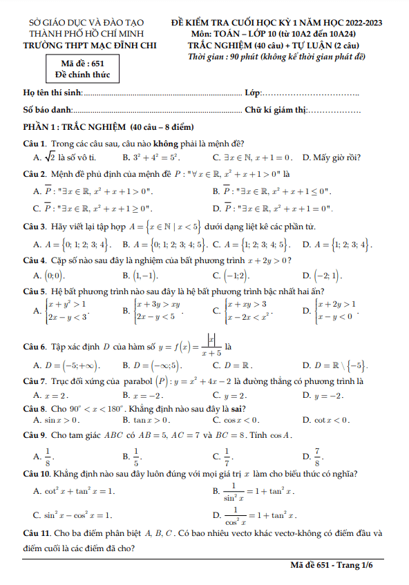 Đề cuối học kỳ 1 Toán 10 năm 2022 – 2023 trường THPT Mạc Đĩnh Chi – TP HCM