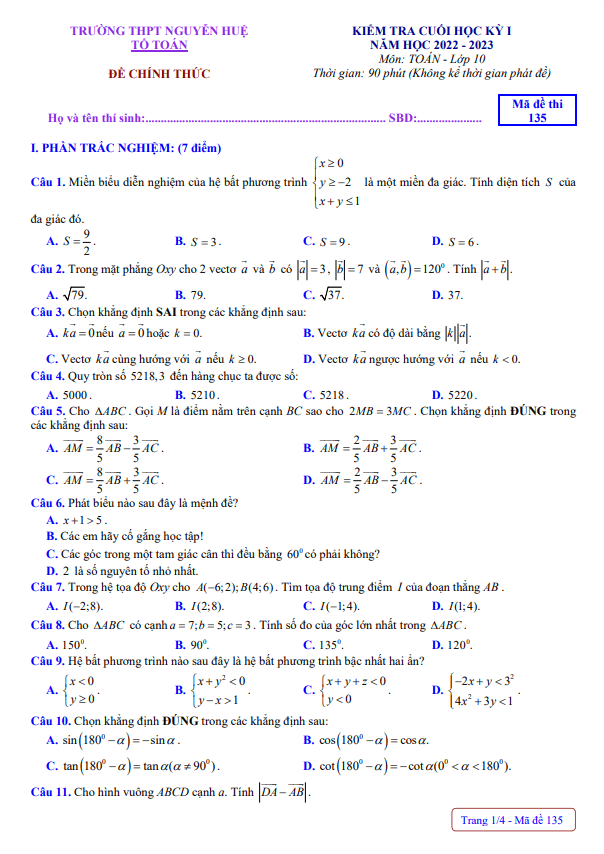 Đề cuối học kỳ 1 Toán 10 năm 2022 – 2023 trường THPT Nguyễn Huệ – TT Huế
